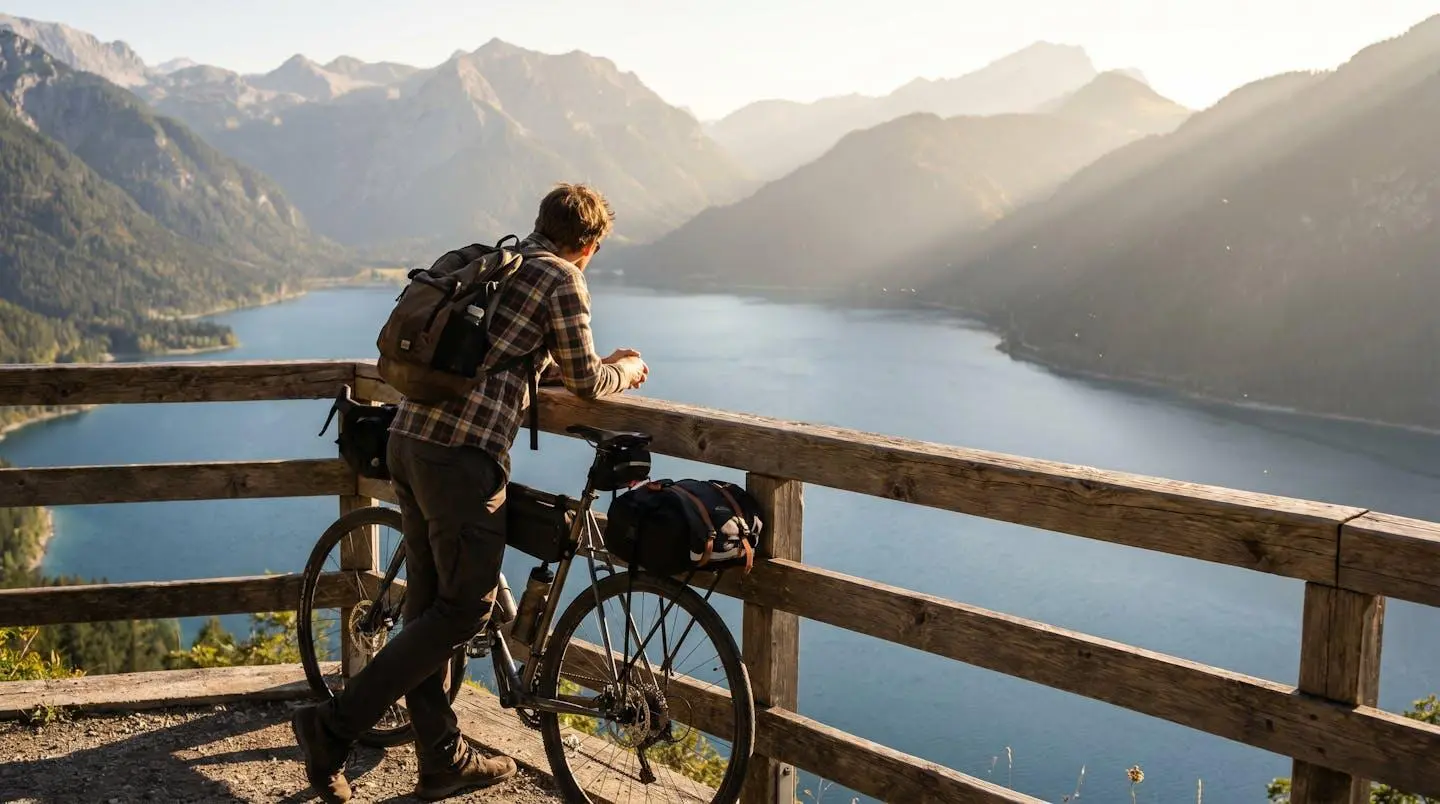 A lone cyclist taking a break at a scenic viewpoint above Lake Annecy, bike leaning against a wooden railing