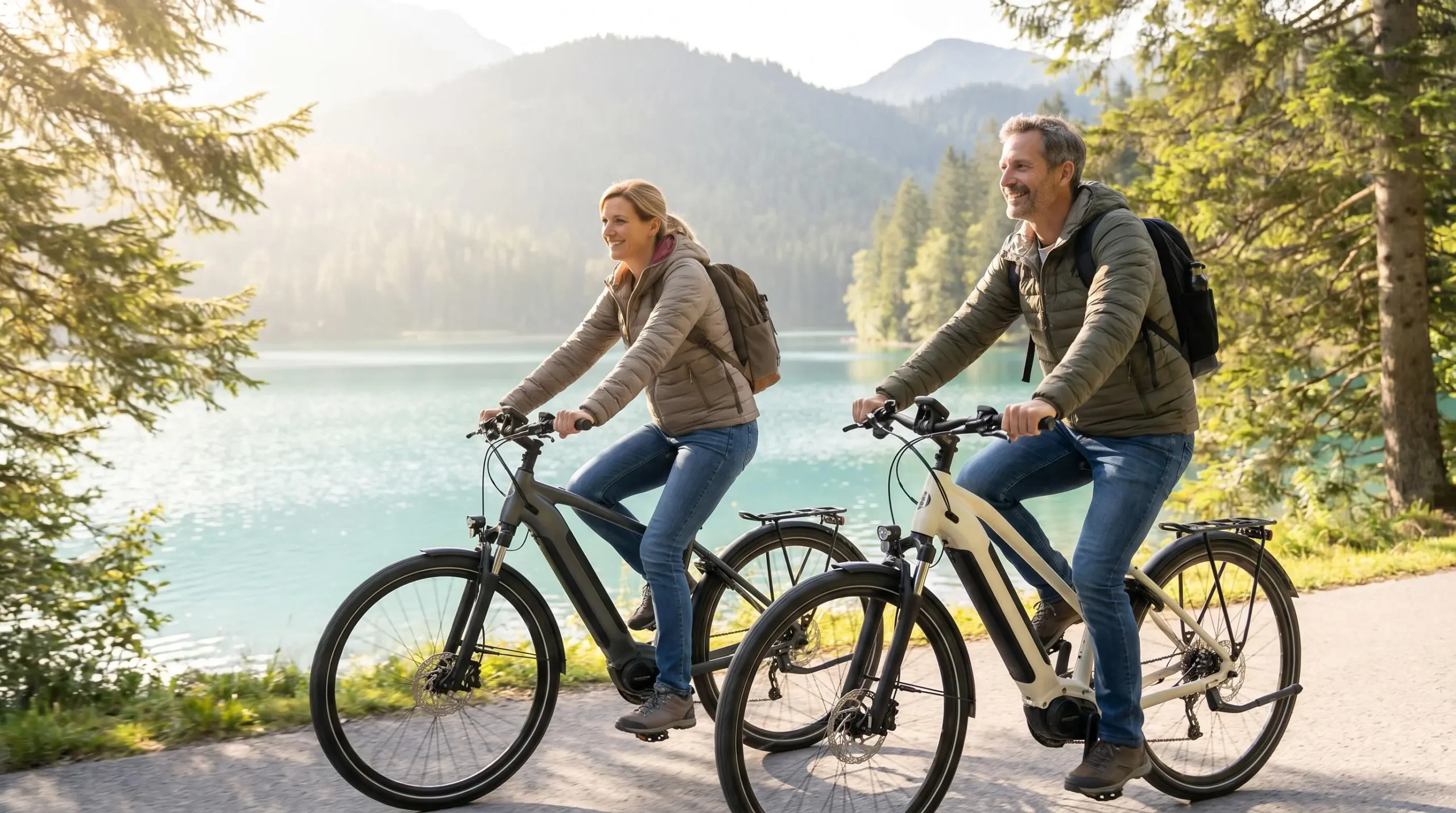 A couple riding electric bikes side by side on a paved lakeside path in Annecy, smiling and relaxed