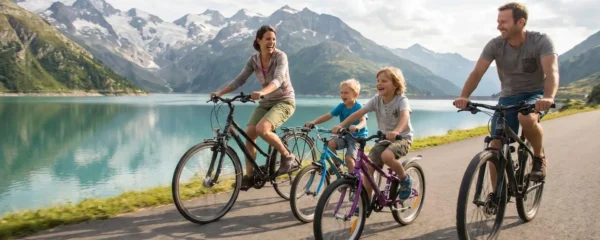 A family cycling comfortably along the flat greenway bordering Lake Annecy on a sunny day