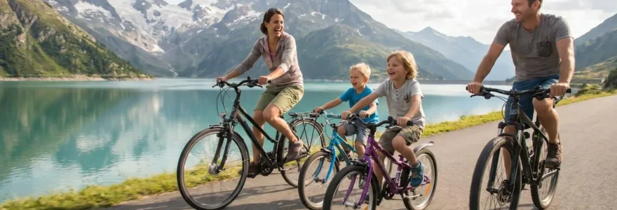 A family cycling comfortably along the flat greenway bordering Lake Annecy on a sunny day